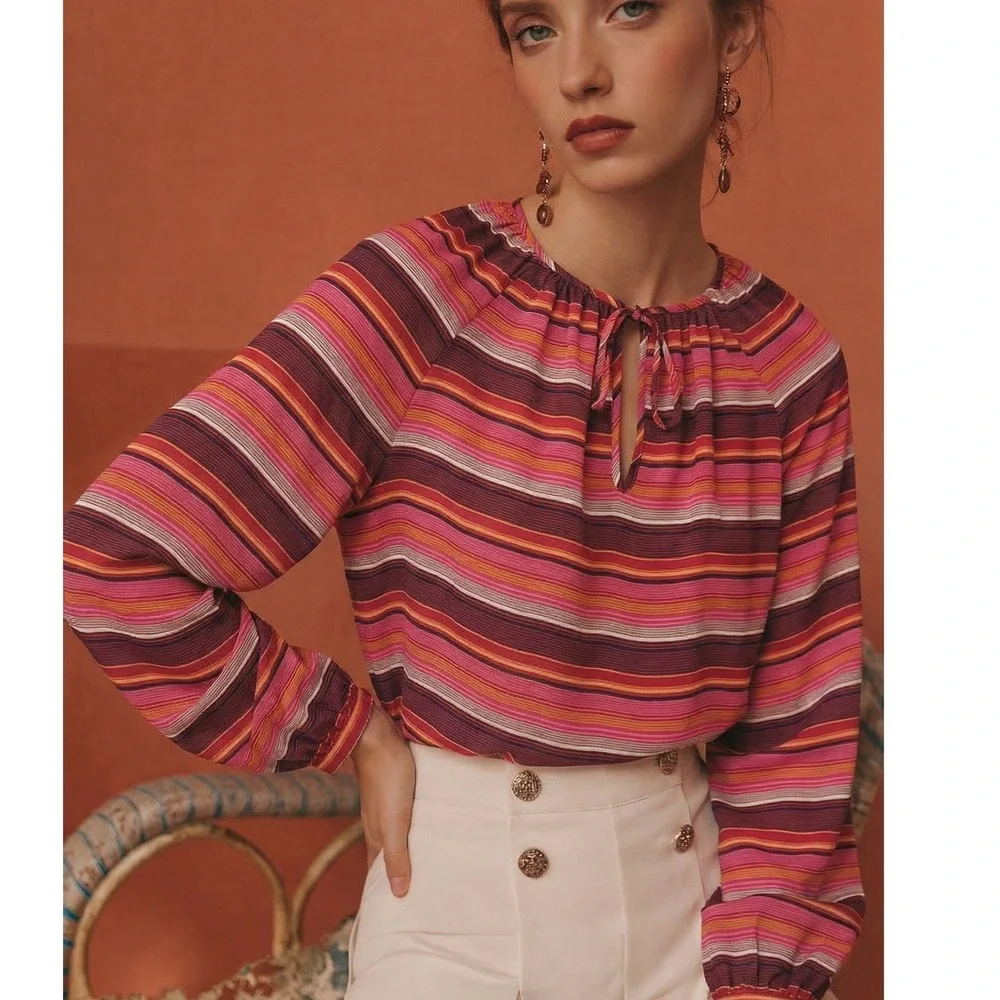 Tory Burch Striped Silk Blouse Women Size 0 Pink‎ Orange Excellent Peasant Top